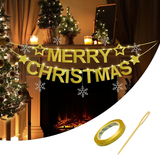 Merry Christmas Banner Indoor, of Indoor Fireplaces, Room Walls and Patio Decorations, Sparkling Gold Color,Christmas Decoration Clearance