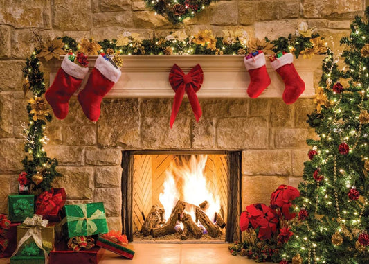 7x5ft Christmas Fireplace Backdrop for Family Portrait Studio Winter Decorations and Photo Background