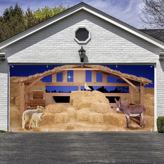 Christmas Nativity Garage Door Banner Cover Nativity Stable Scene Backdrop Banner, (6 x 13 FT)