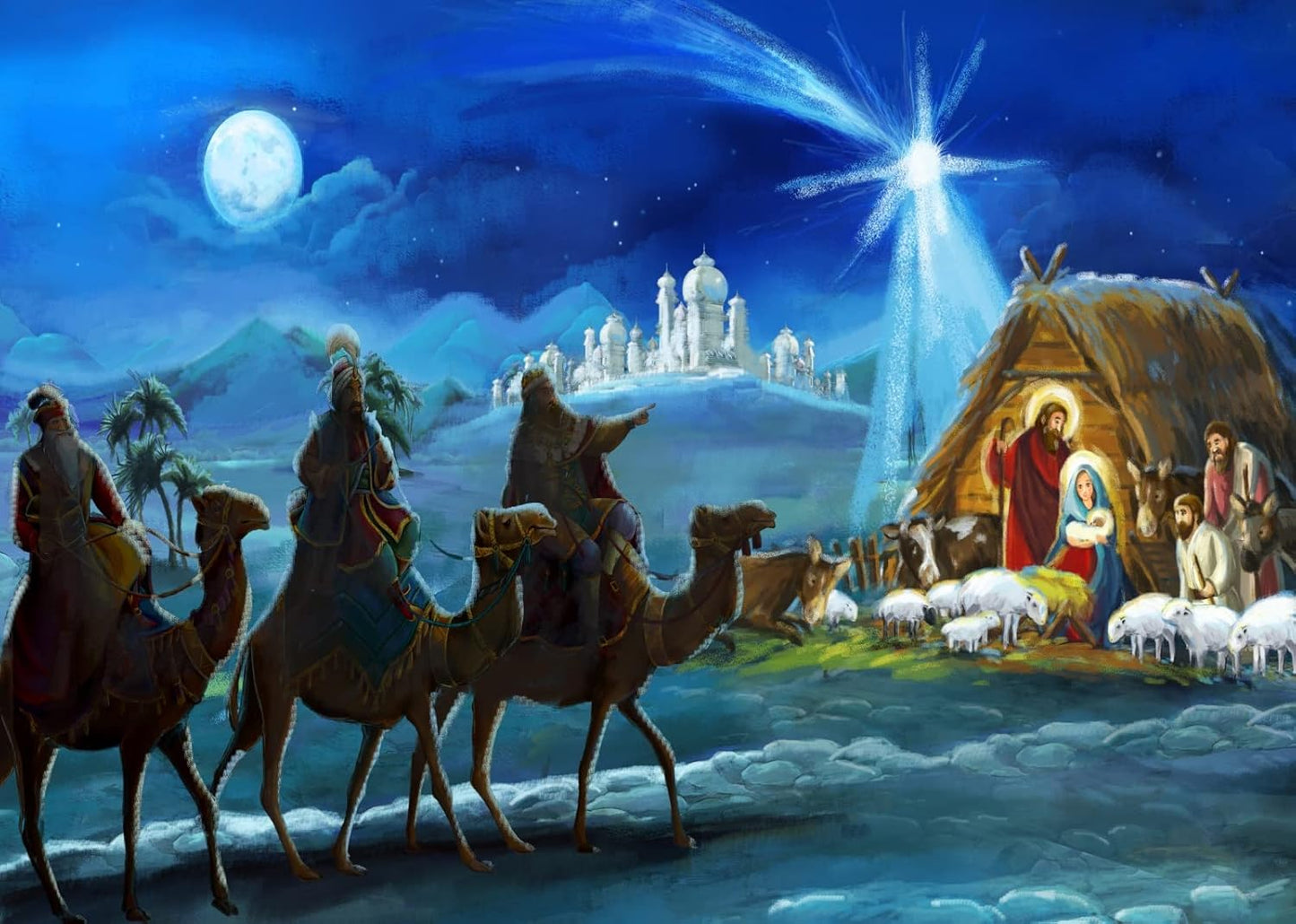 7x5ft Nativity Scene Backdrop Christmas Night Starlight Holy Family and Three Kings Desert Manger Birth of Jesus Backdrop