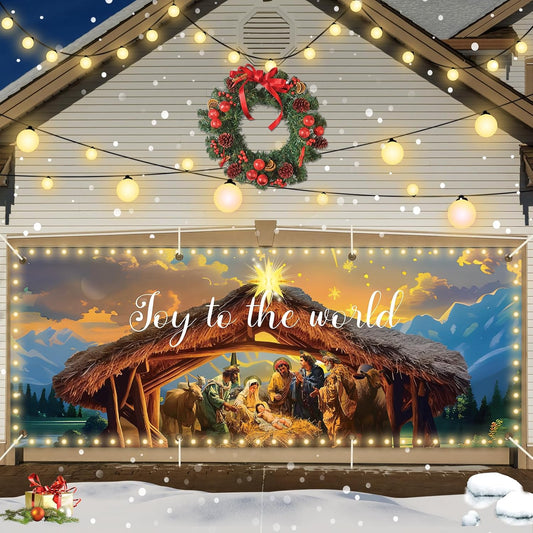 7 x 16 Ft Christmas Garage Door Banner Decoration with Lights Christmas Nativity Garage Door Cover