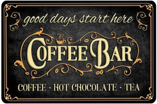 Coffee Bar Decor Sign - Coffee, Hot Chocolate, Tea, Metal Tin Vintage Sign, 12 x 8 inch