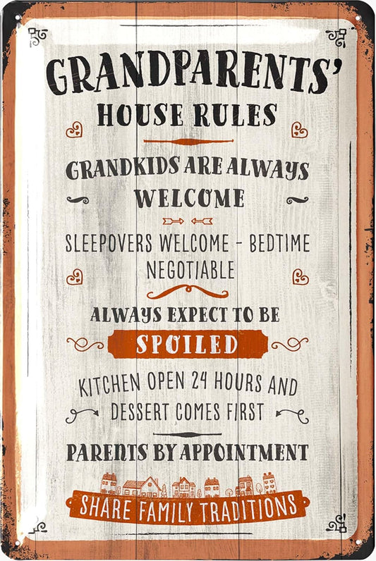 Grandparents House Rules, Vintage Tin Sign in Wood Sign-design for Grandpa & Grandma