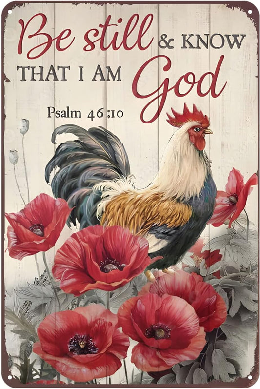 Be Still and Know That I Am God Chicken Metal Tin Sign Vintage, 8X12 Inch