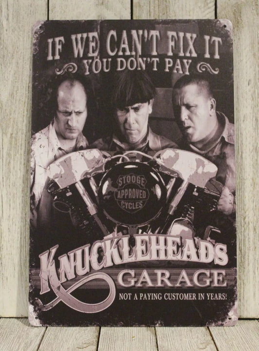 Knuckleheads Garage Tin Metal Sign, Three Stooges Auto Mechanic Repair Shop Gift Decor