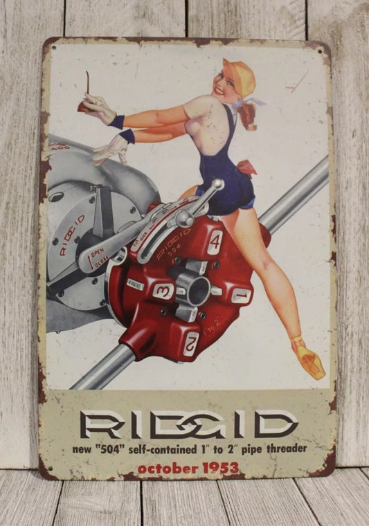 Ridgid Tools Sexy Pinup Girl Tin Metal Sign Vintage Style