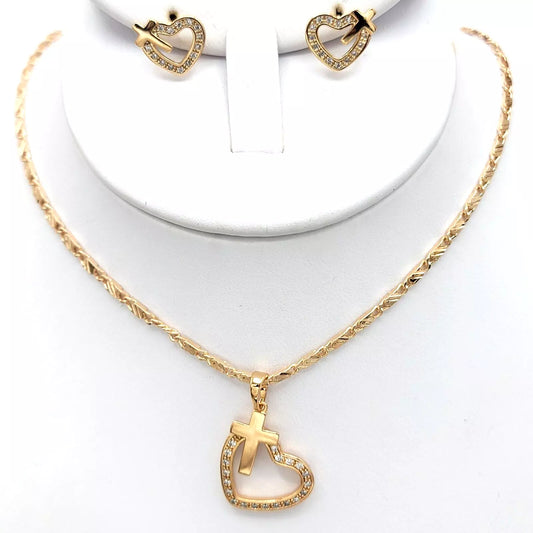 18K Gold Plated Love Heart Clear Crystals Cross Pendant Necklace and Earrings Set