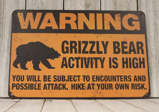 Grizzly Bear Tin Warning Sign National Wildlife Refuge Vintage Rustic Style