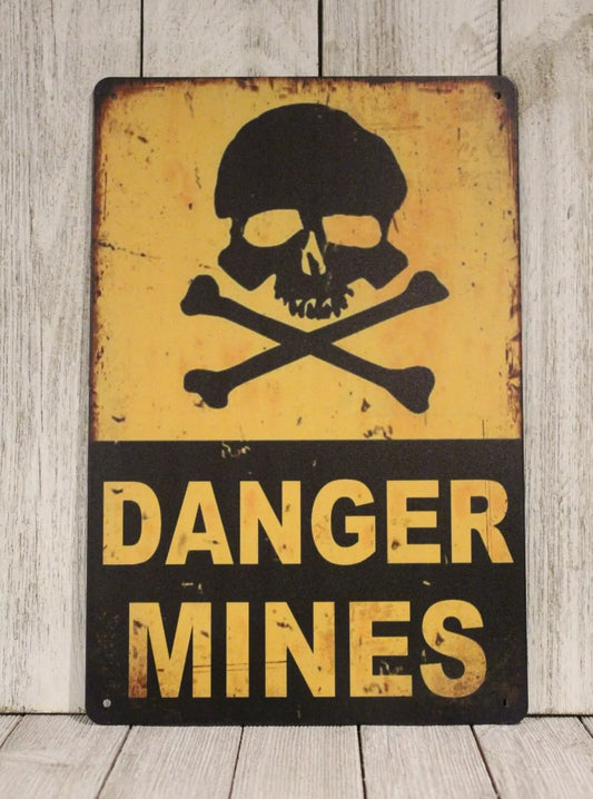 Danger Mines Tin Metal Sign Minefield Vintage Rustic Style Boys Room Decor