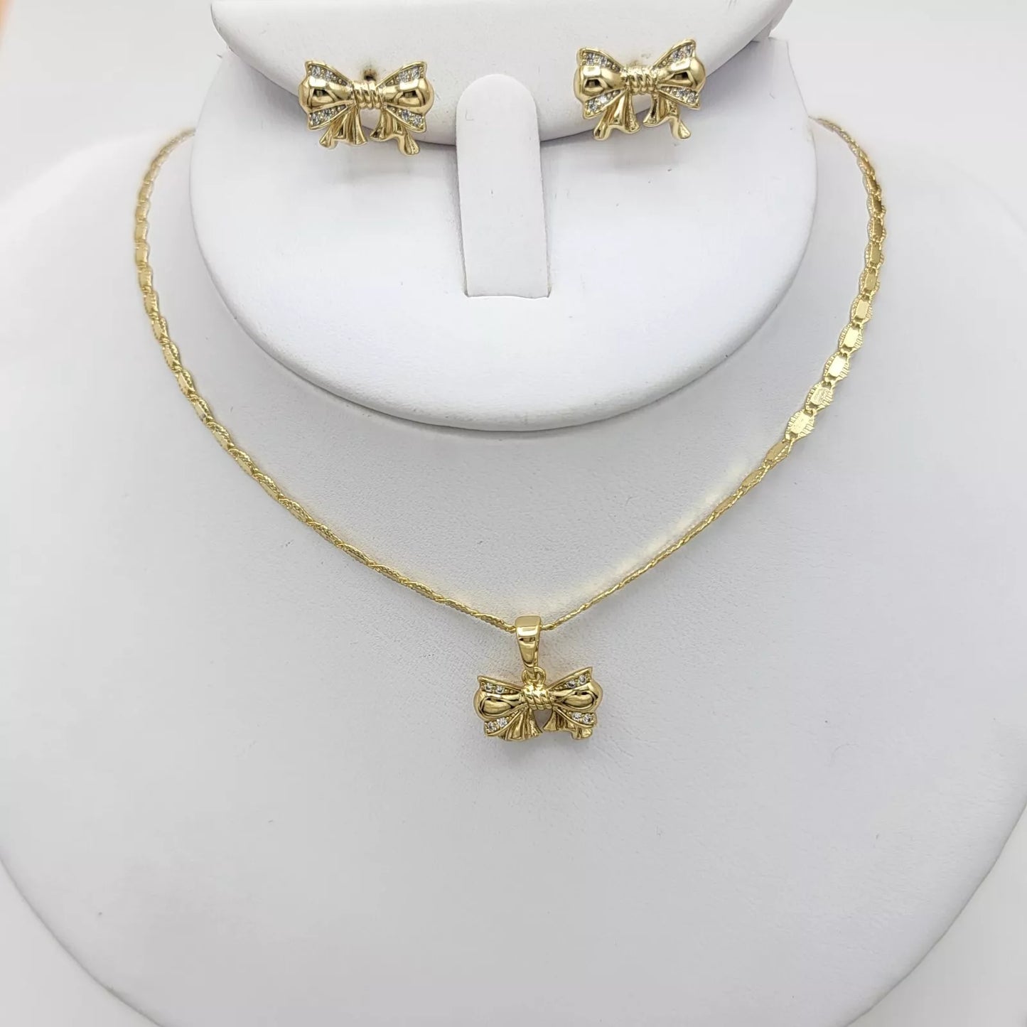 14K Gold Plated Clear Crystals Bow Set Pendant Necklace Earrings Love Gift