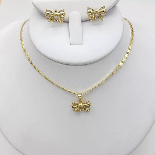 14K Gold Plated Clear Crystals Bow Set Pendant Necklace Earrings Love Gift