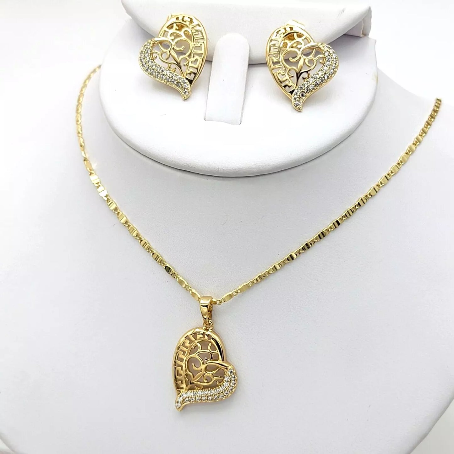 14K Gold Plated Heart Greek Design Crystals Pendant Chain Earrings Set