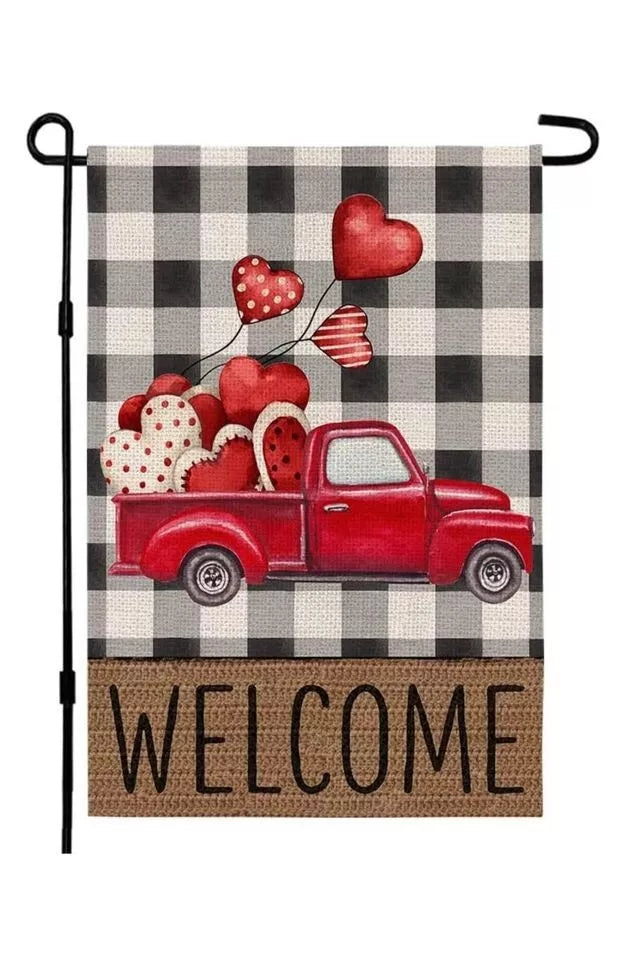 Happy Valentines Day Garden Flag 12×18 Inch Double Sided Red Truck Heart