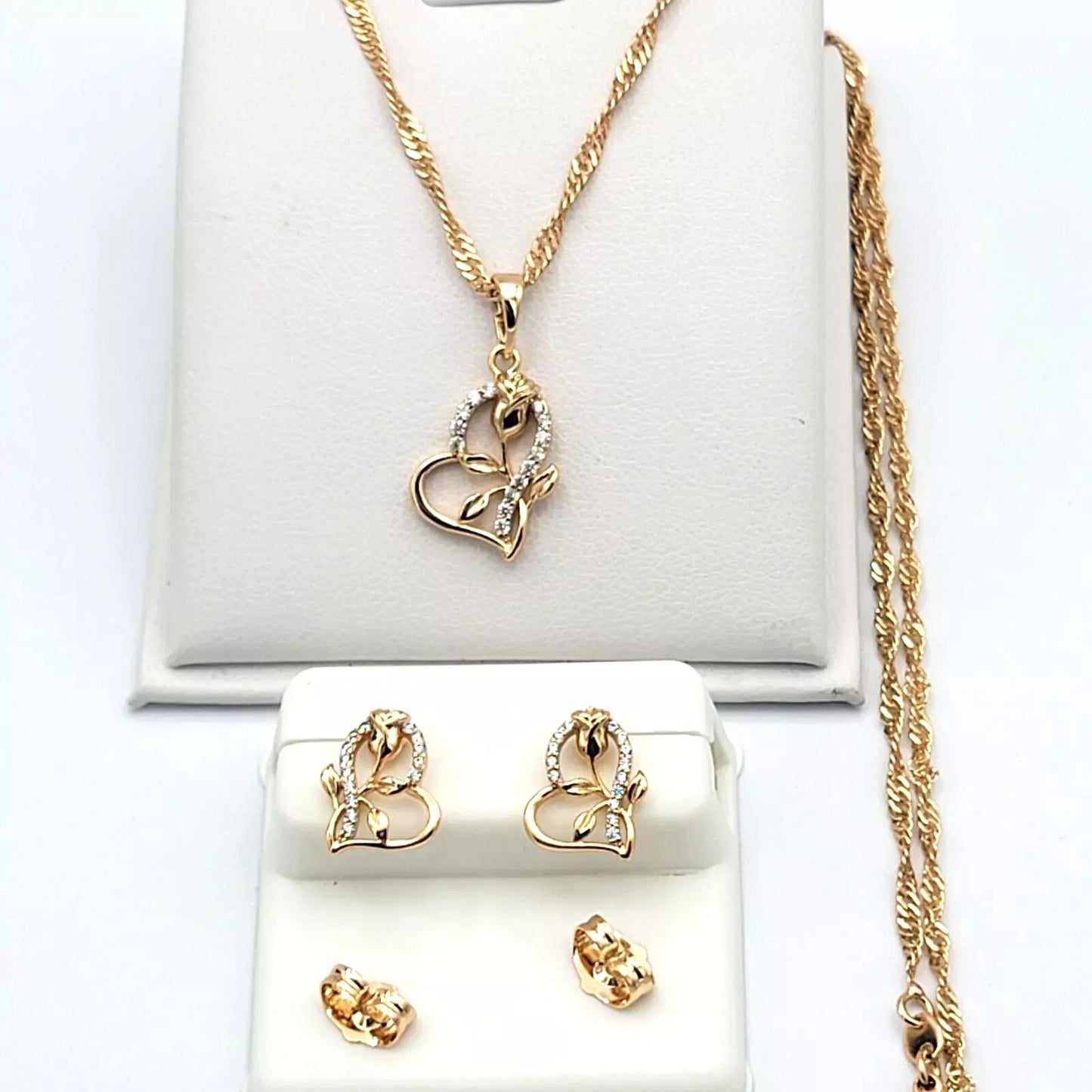 18K Gold Plated Heart Rose Flower Set Pendant * Chain * Earrings Women Necklace Gift