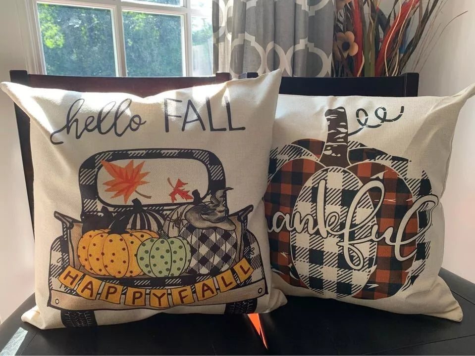 Happy Fall & Thankful Pillow Covers 18x18" Set of 2 Fall Farmhouse Pillowcases