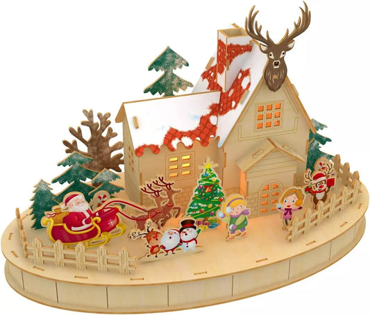 3D Christmas Wooden Puzzle Jigsaw Decor with LED Lights,Snow Cottage Model Kits