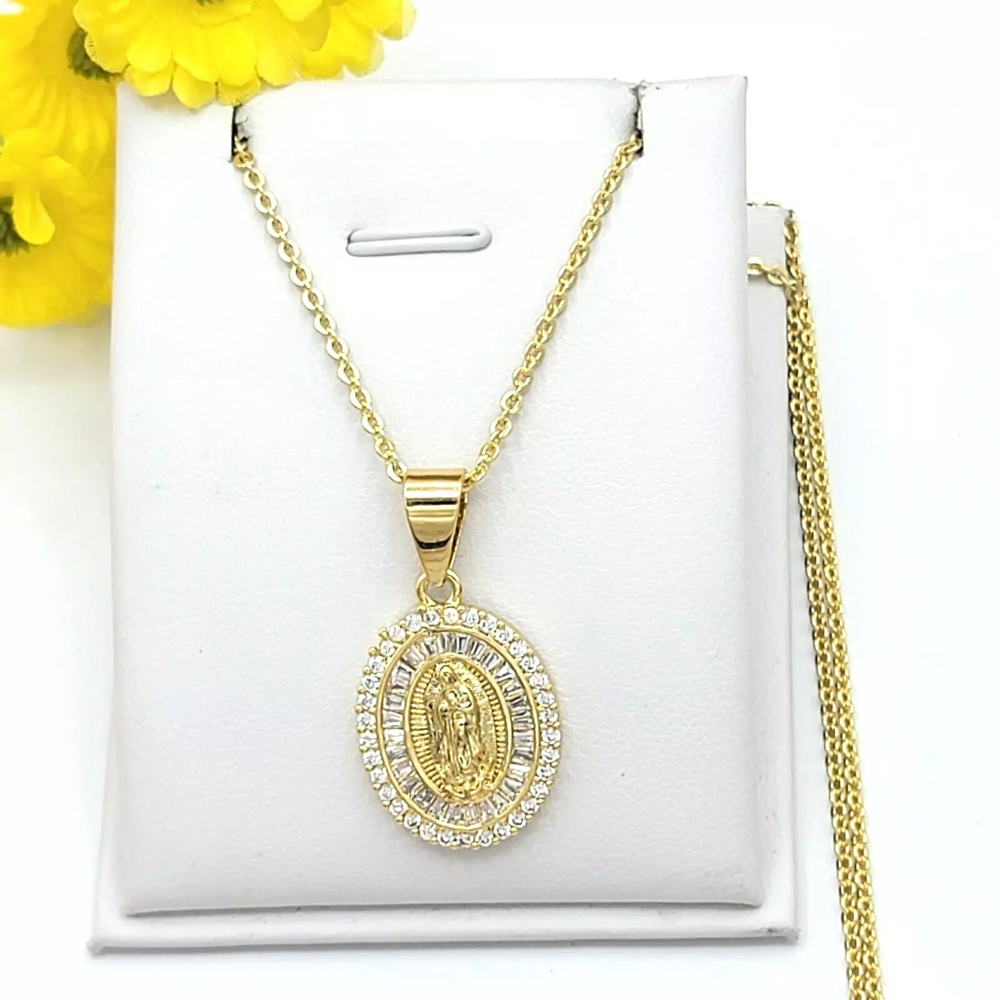 14K Gold Plated Our Lady of Guadalupe Crystal Medal Necklace Virgen Guadalupe