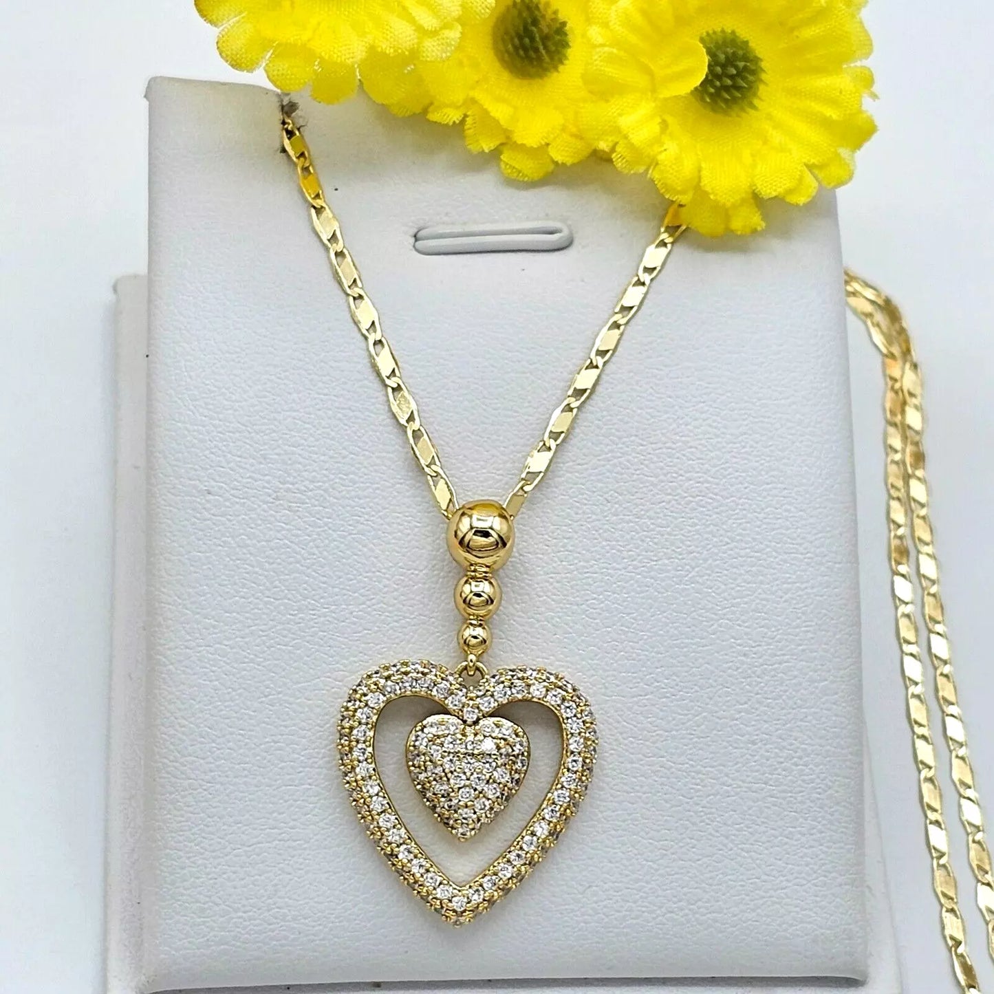 14K Gold Plated Crystal Icy CZ LOVE HEART Pendant & Chain Necklace