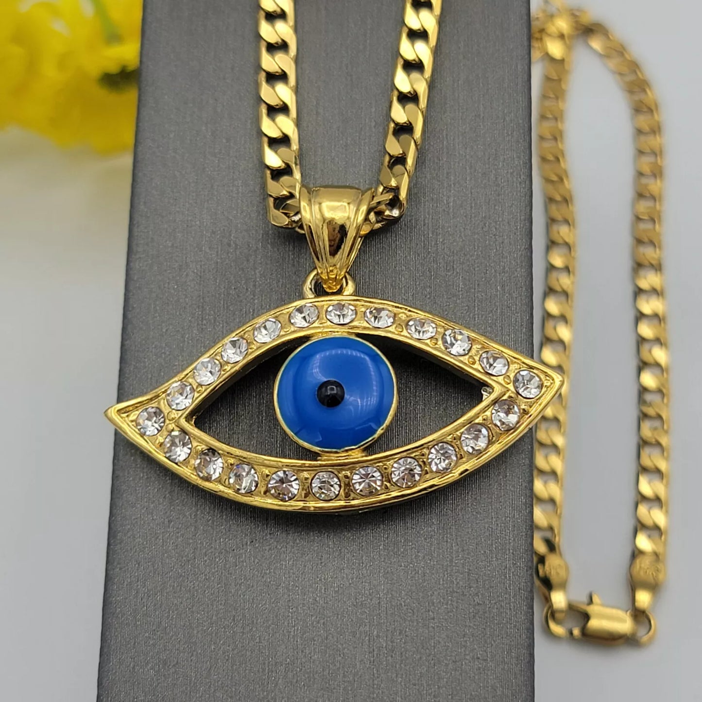 24K Gold Plated Blue Evil Eye Crystal Pendant Necklace. Amulet