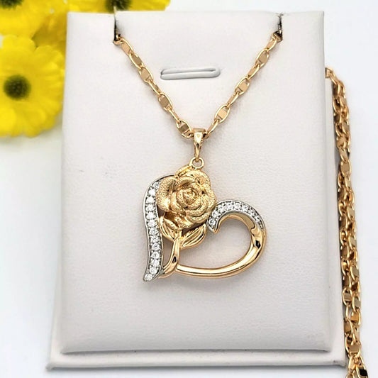 18K Gold Plated Rose Flower Heart Pendant Necklace & Chain Women Jewelry Fashion