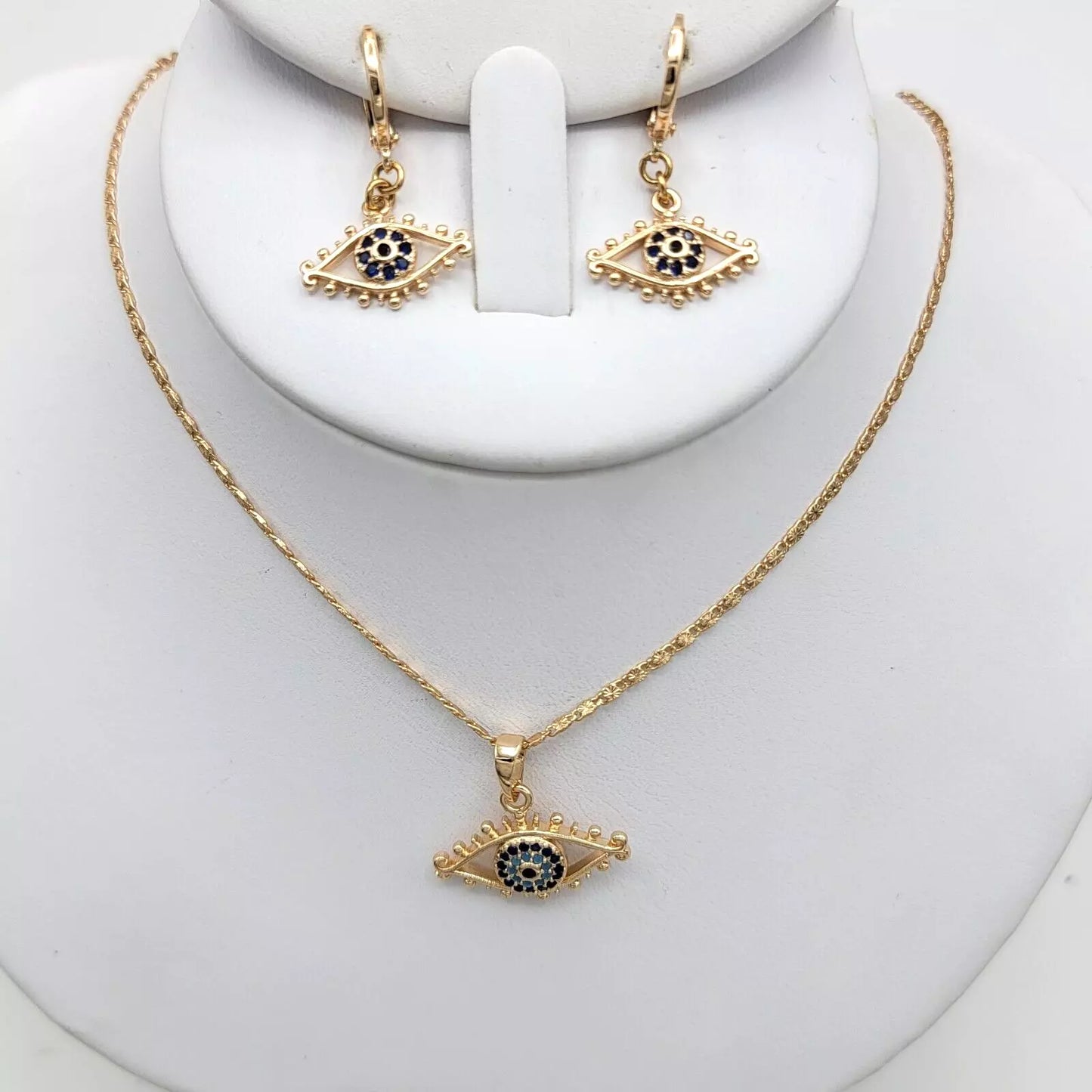 18K Gold Plated Blue Crystals Evil Eye Set Pendant Chain Earrings Jewelry Gift