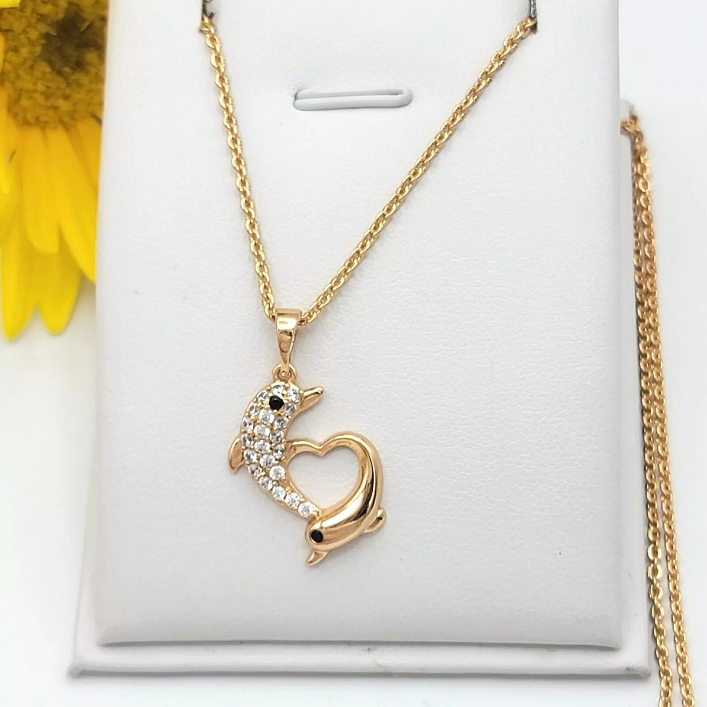 18K Gold Plated Jewelry Heart Couple Dolphin Pendant & Chain. Necklace Gift