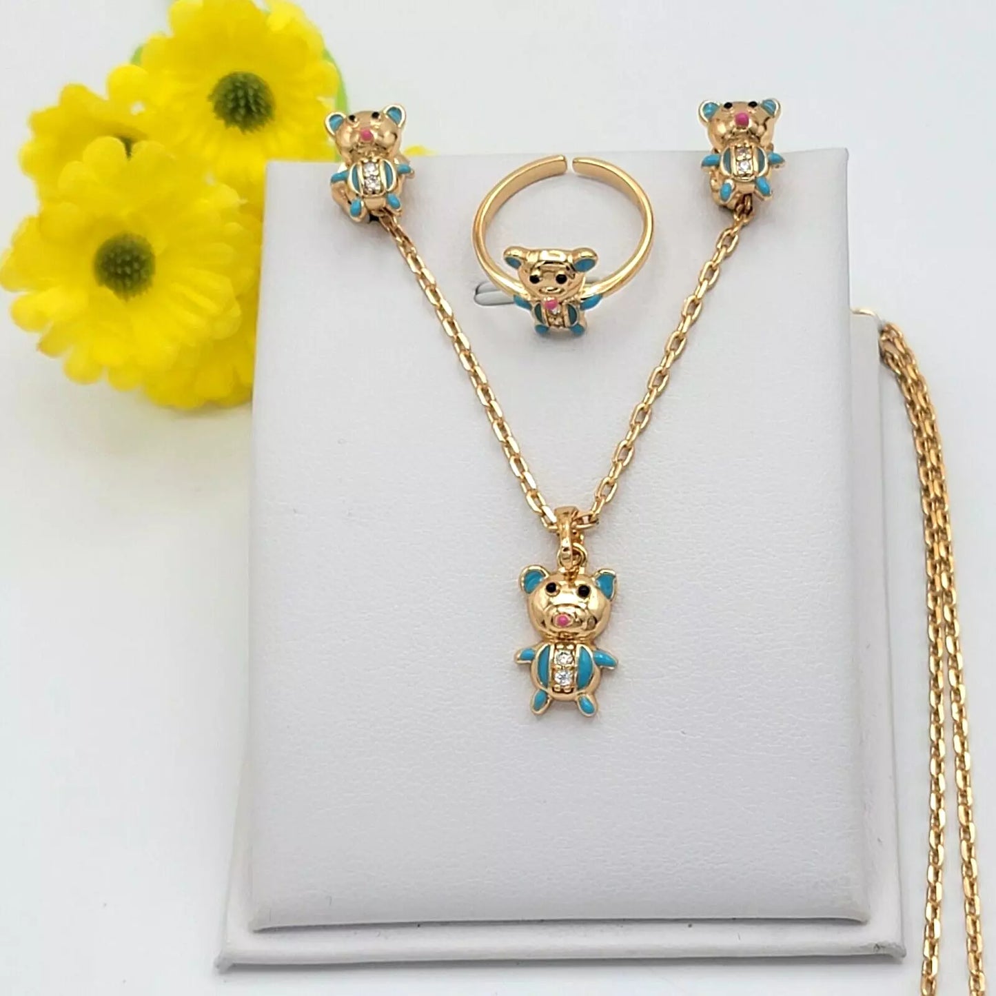 18K Gold Plated Blue Bear Teddy Necklace Earrings Ring Set For Kids Jewelry Girls