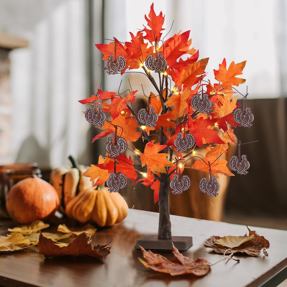 24IN 24LT Lighted Fall Maple Leaves Tree Fall Decor, 2FT Brown Battery Powered Timer Autumn Trees Decorations