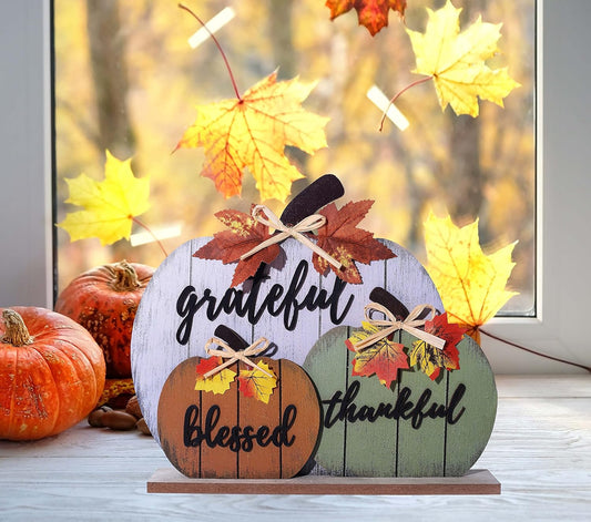 Fall Decorations for Home Blessed Grateful Thankful Fall Decor Wooden Pumpkin Tabletop Signs for Home