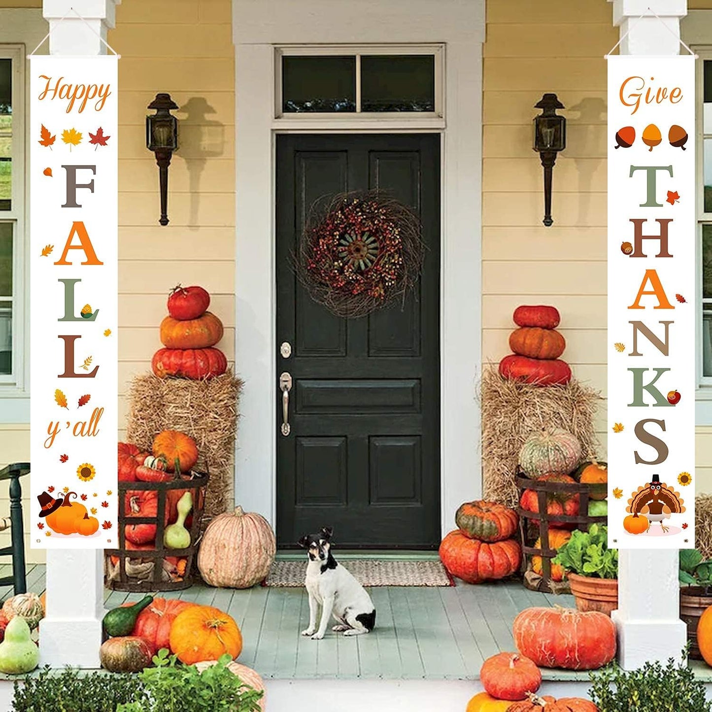 Happy Fall & Give Thanks Porch Banners for Fall Thanksgiving Decorations Indoor and Outdoor