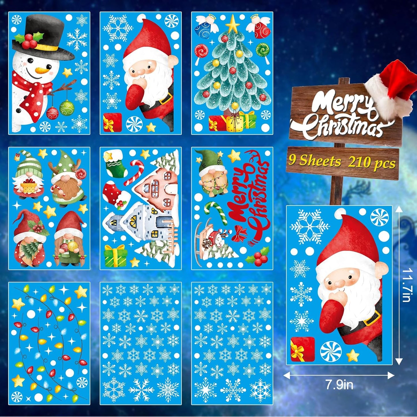 210 Pcs Christmas Window Clings for Glass Double-Side Reusable Cute Winter Holiday Window Stickers Decals Kids Home Decor