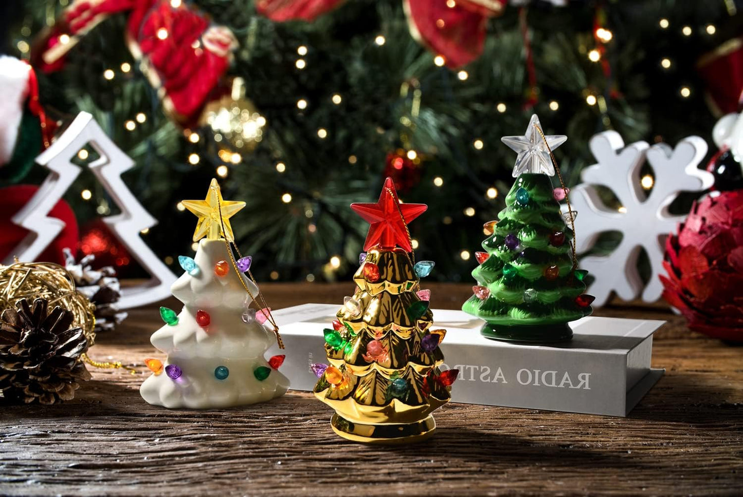 Set of 3 Mini 4.5" Inch Nostalgic LED Ceramic Christmas Tree with Lights Xmas Tree That Light Up Hanging Ornaments