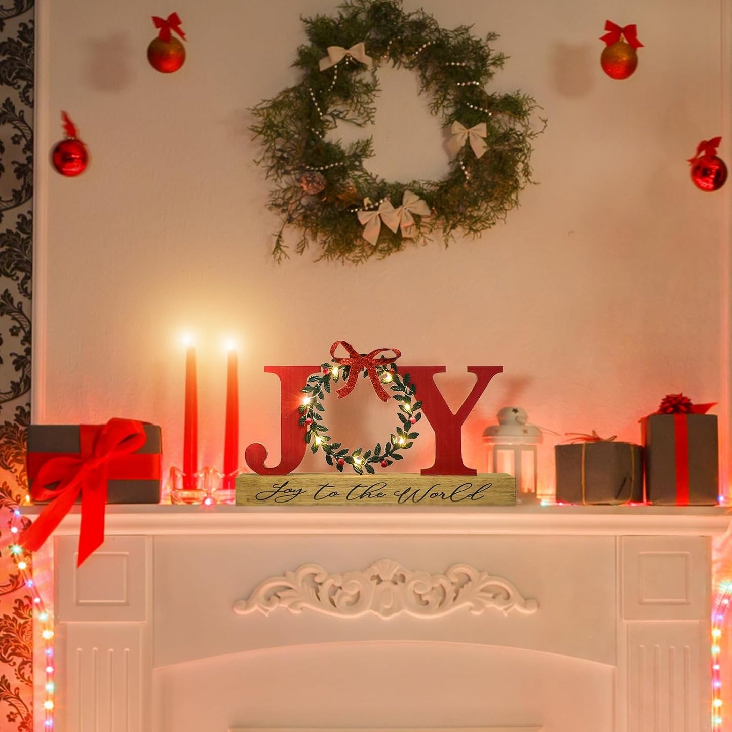 LED Lighted Joy Sign with Wreath Farmhouse Wooden Rustic Tabletop Decorative Sign