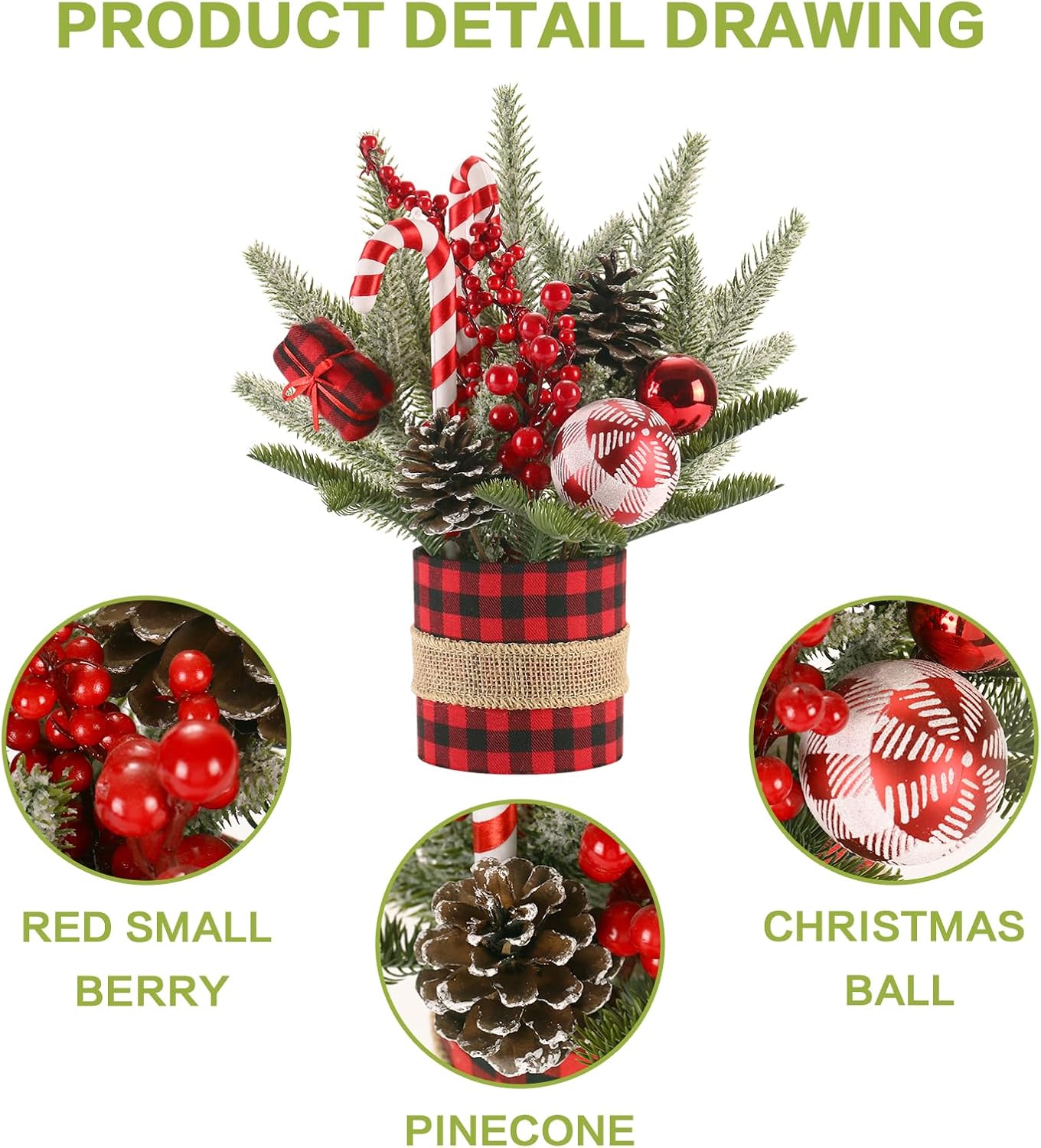 Small Buffalo Check Plaid Christmas Tree, Artificial Mini Tabletop Christmas Tree Decorations with Xmas Ornaments, Red / Black