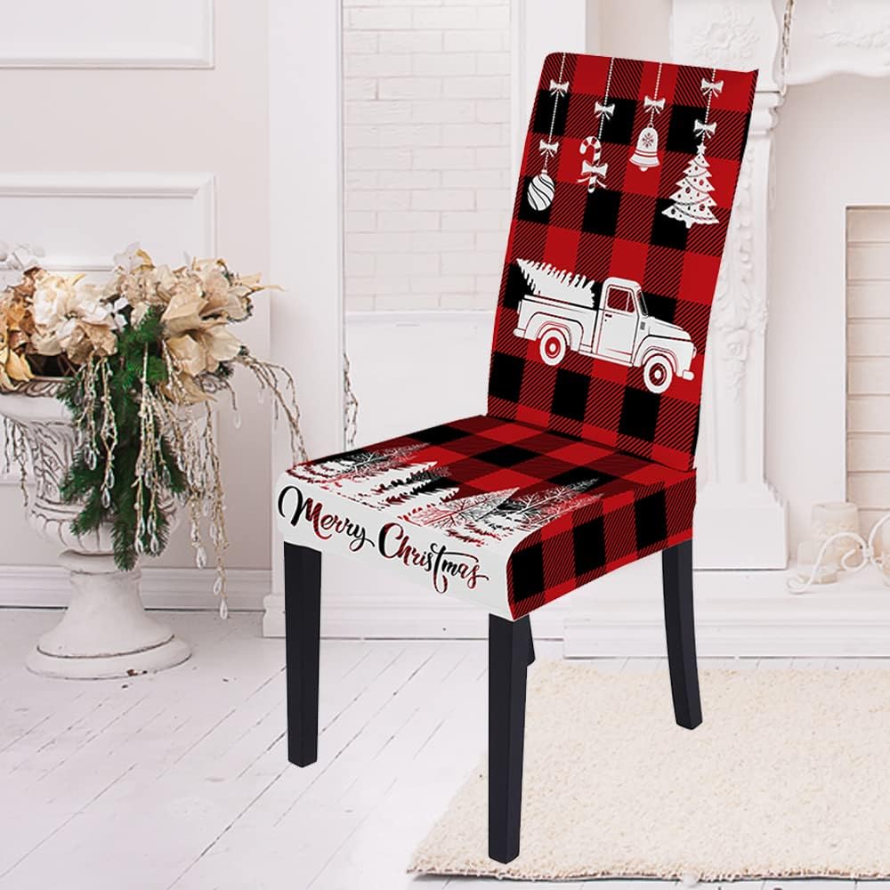 Set of 6 Car Print Dining Chair Slipcovers Stretch Xmas Parsons Chair Slipcovers, Red Buffalo Plaid