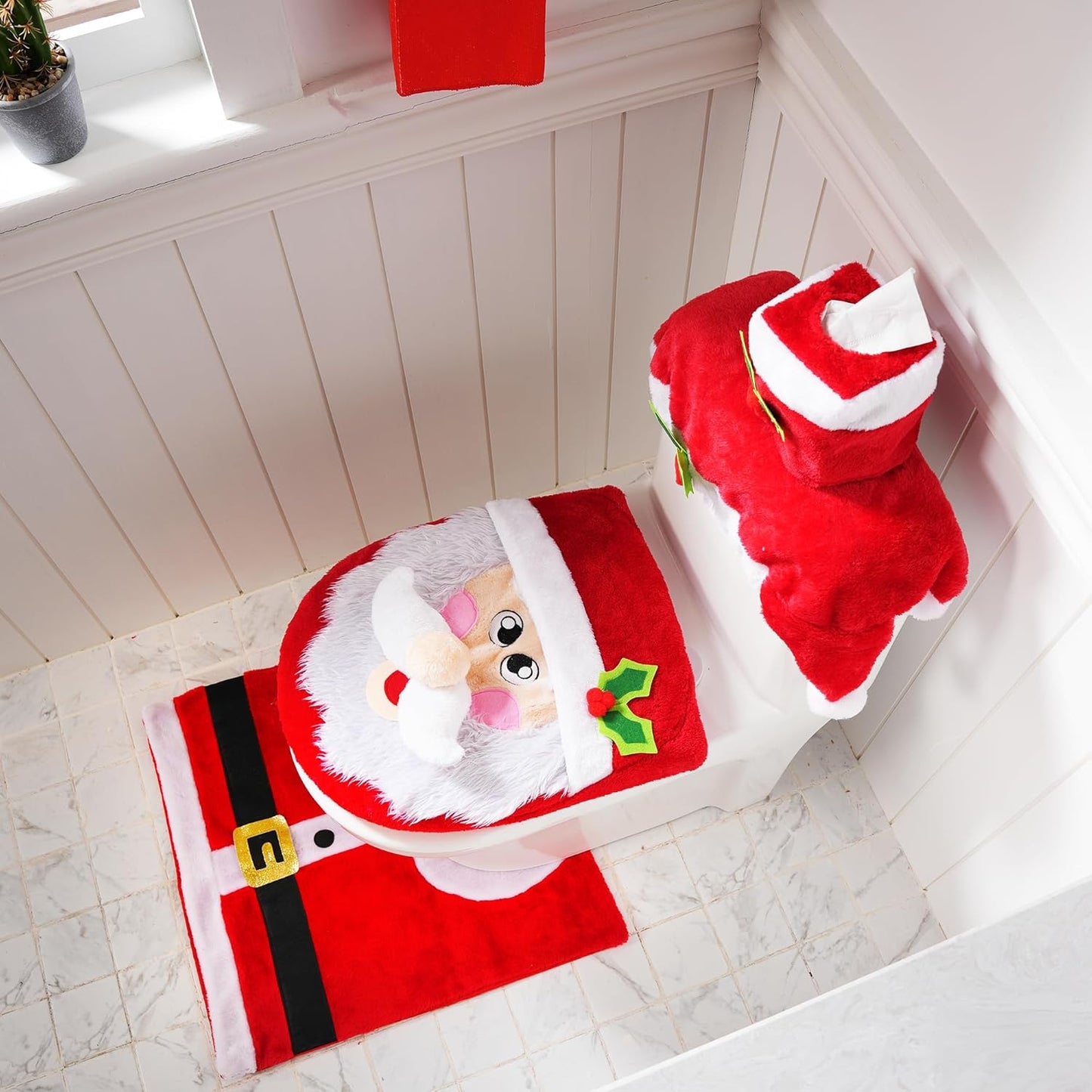 5 Pieces Christmas Theme Bathroom Decoration Set w/Toilet Seat Cover, Rugs, Tank Cover, Toilet Paper Box Cover, Santa