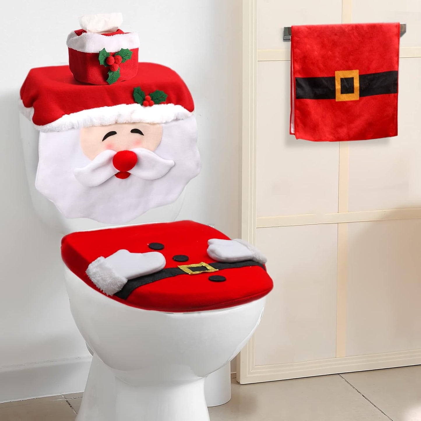 4Pcs Xmas Santa Toilet Seat Cover and Towel,Christmas Decorations Clearance