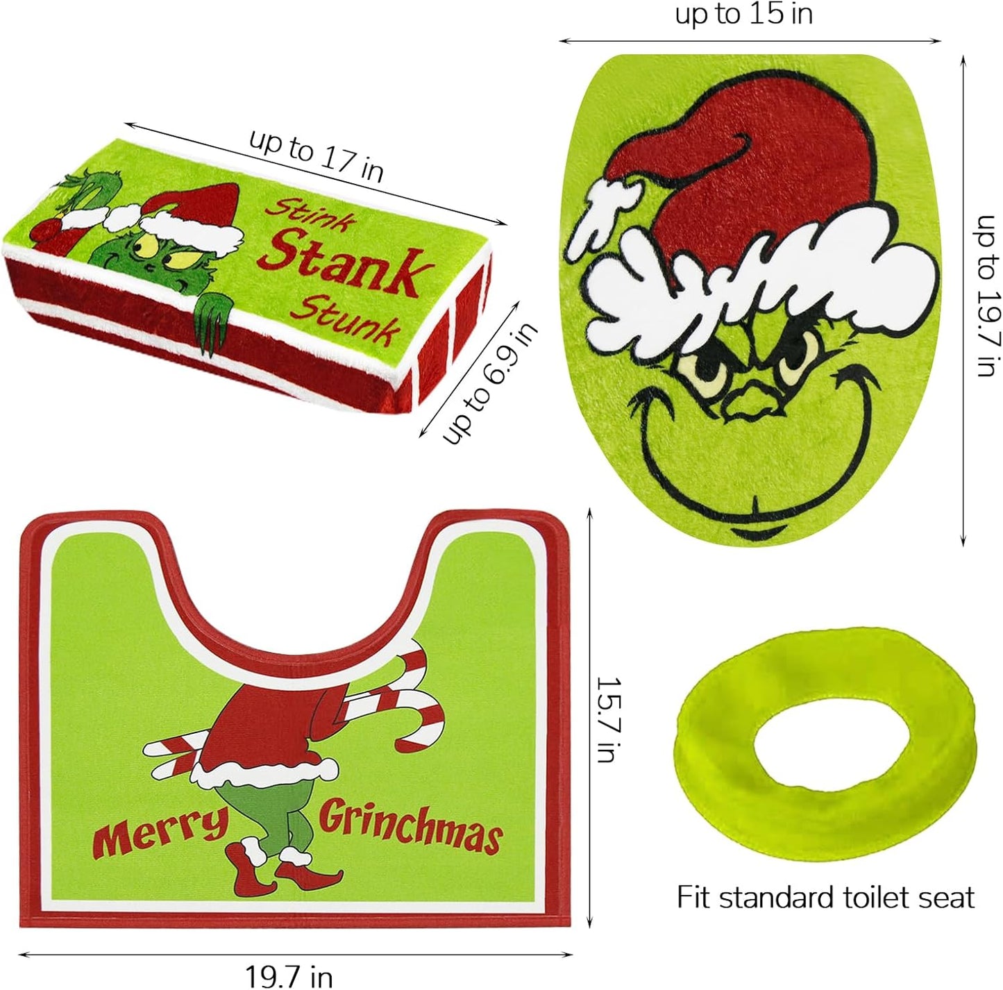 Christmas Decor Toilet Seat Cover and Rug for Indoor Home Bathroom Set of 4 (Red - Green)