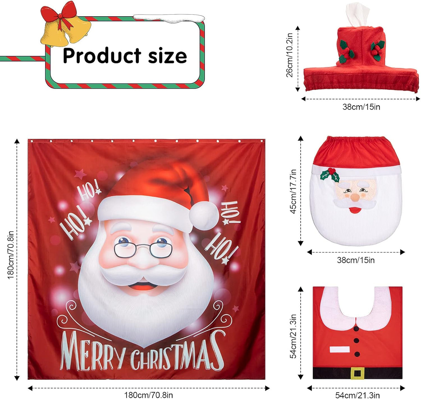 Set 4 Pieces Santa Toilet Seat Cover Set and Shower Curtains, Santa on The Toilet Ornament