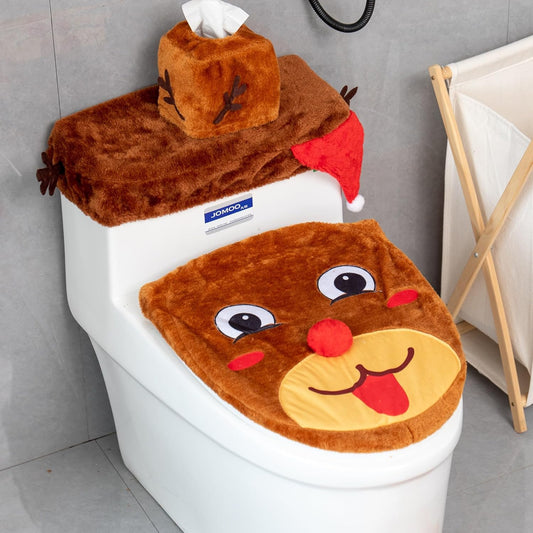 5pcs Toilet Seat Cover, Rugs, Tank Cover, Toilet Paper Box Cover & Towel Xmas Indoor Décor