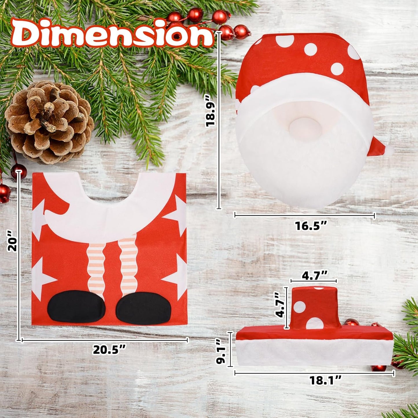 3 PCS Christmas Bathroom Sets Christmas Toilet Seat Cover Decorations, 3D Santa Gnome Toilet Lid Tank Cover Tissue Box