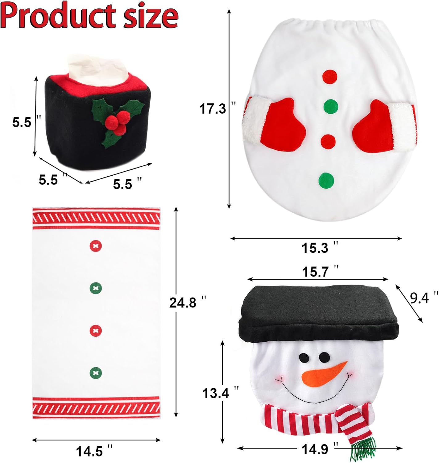 4 PCS Snowman Bathroom Decor Xmas White Toilet Lid Tank Cover, Toilet Paper Box Cover Towel for Christmas Decorations Indoor Home