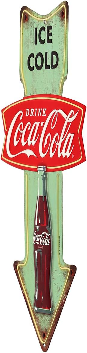 Coca-Cola Ice Cold Arrow Embossed Metal Sign - Vintage Diner Coca-Cola Sign for Kitchen or Man Cave