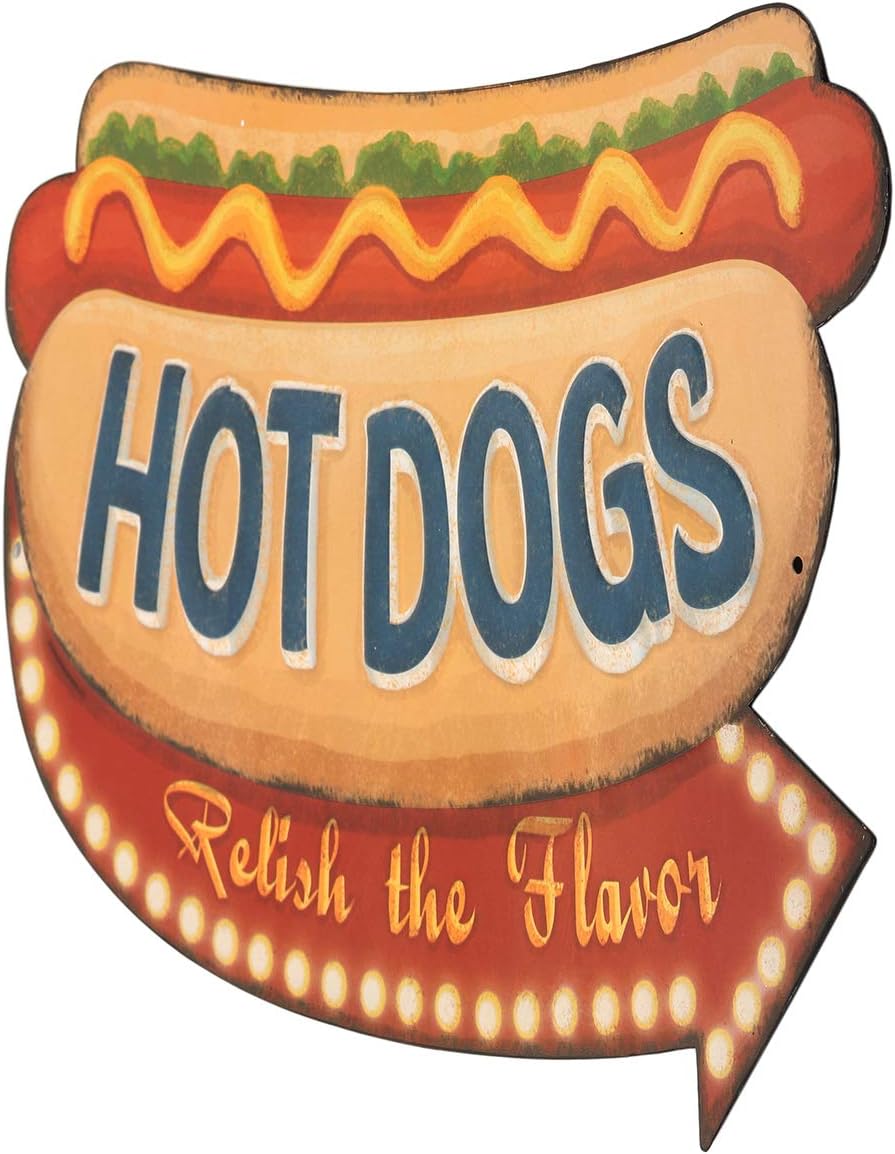 Hot Dogs Relish The Flavor Embossed Metal Wall Art Sign - Vintage Diner Hot Dog Sign With Arrow