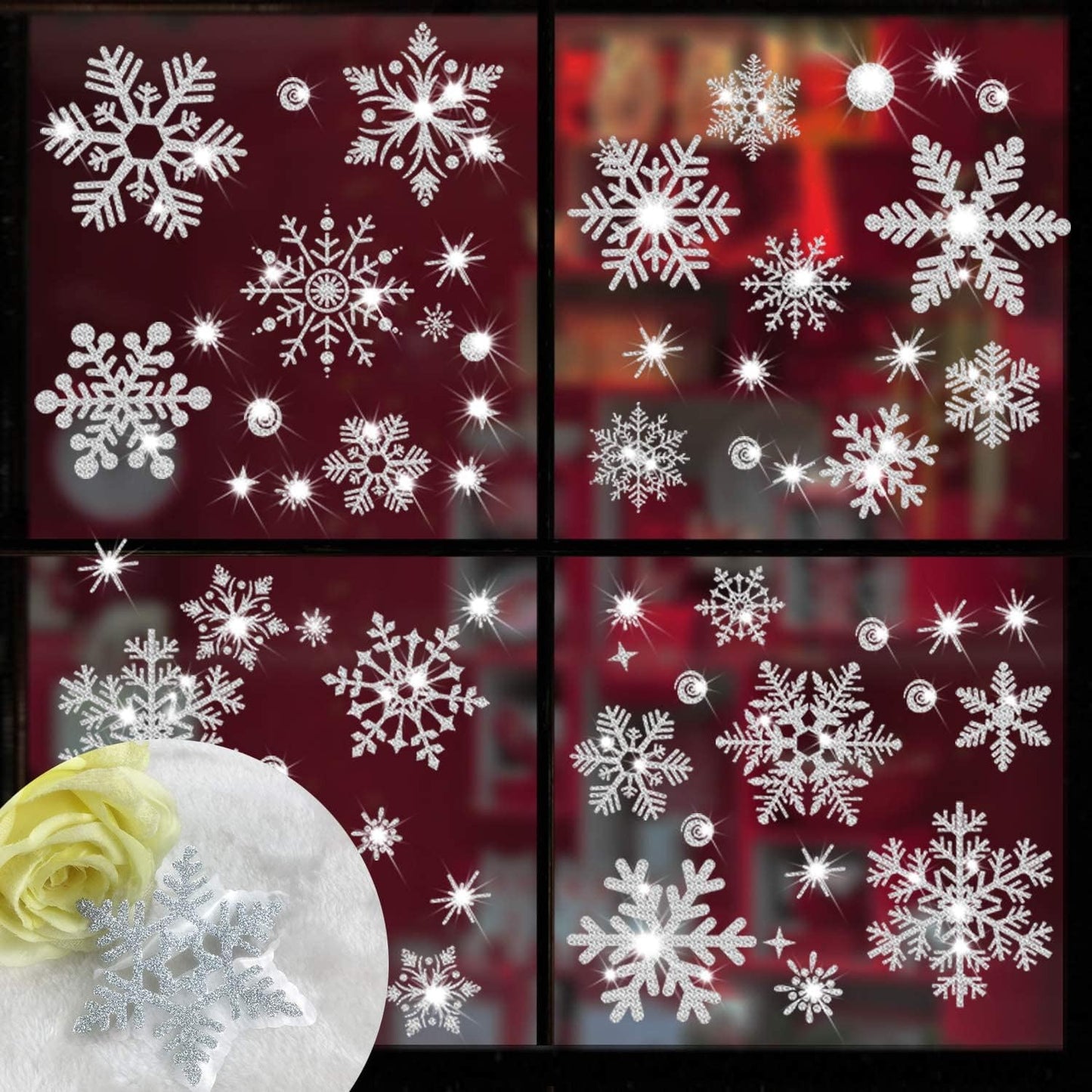 147PCS Silver Sparkling Christmas Window Clings Winter Wonderland Decorations for Home Christmas Party (Glitter Snowflake)