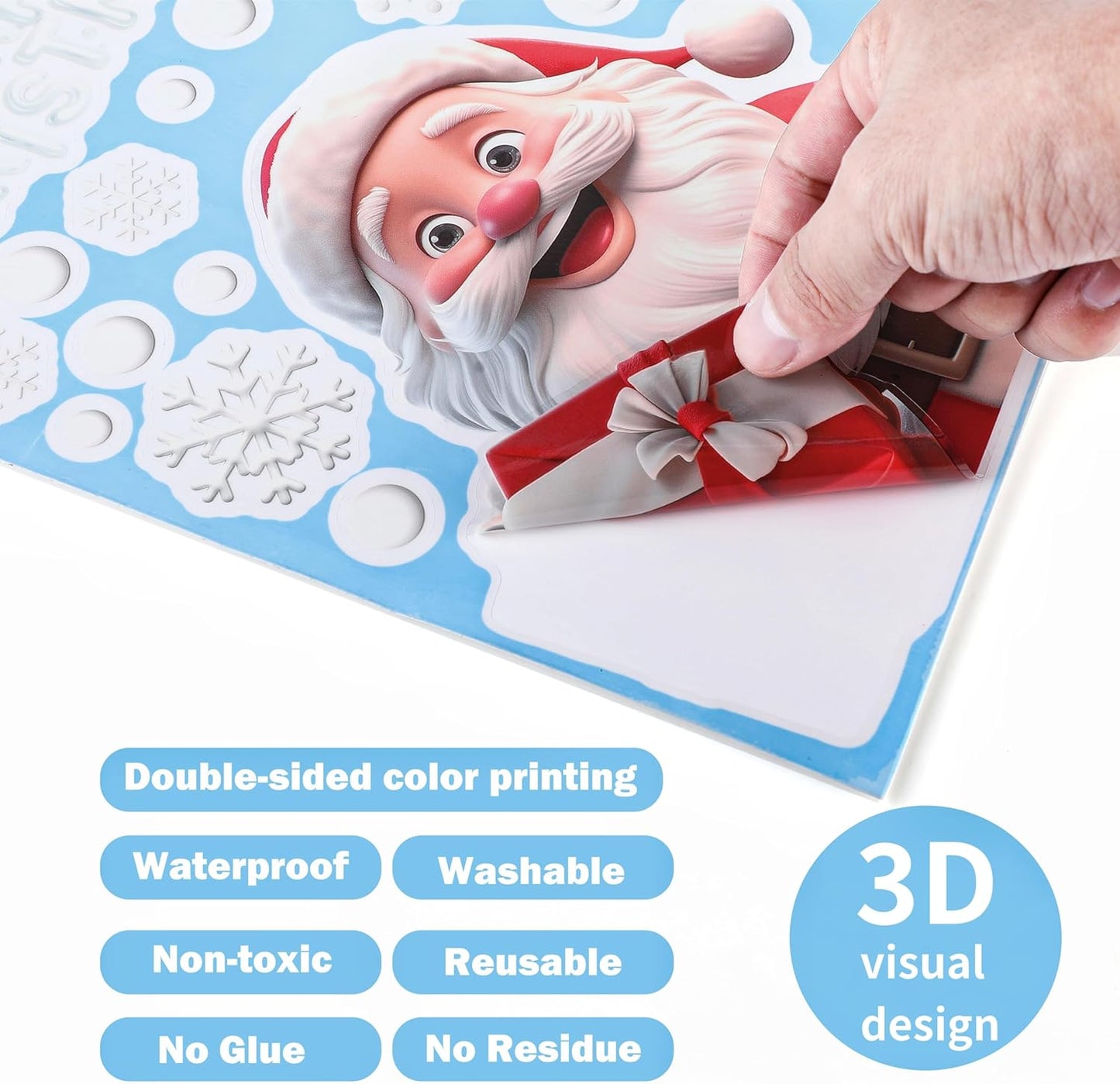 3D Vision Christmas Window Stickers for Glass, Funny Christmas Window Decorations, White