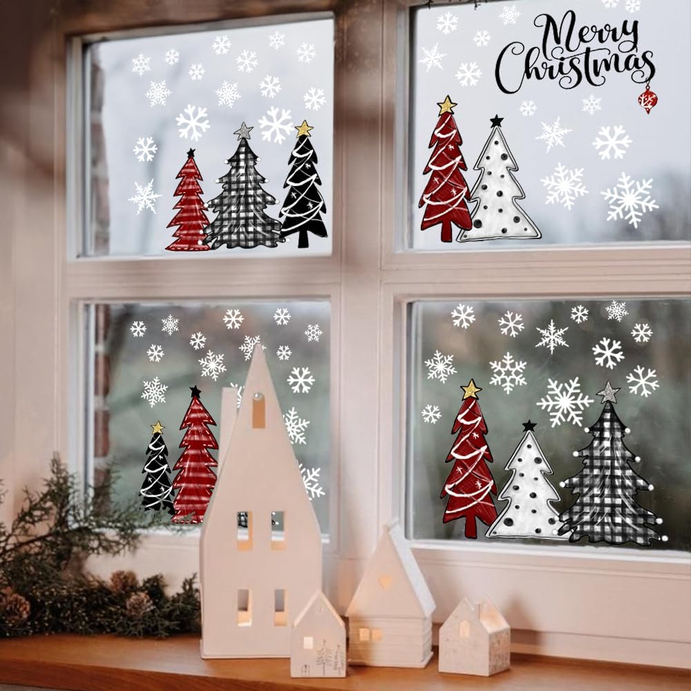 87 PCS Christmas Window Clings Xmas Trees Snowflakes Static Removable Party Supplies