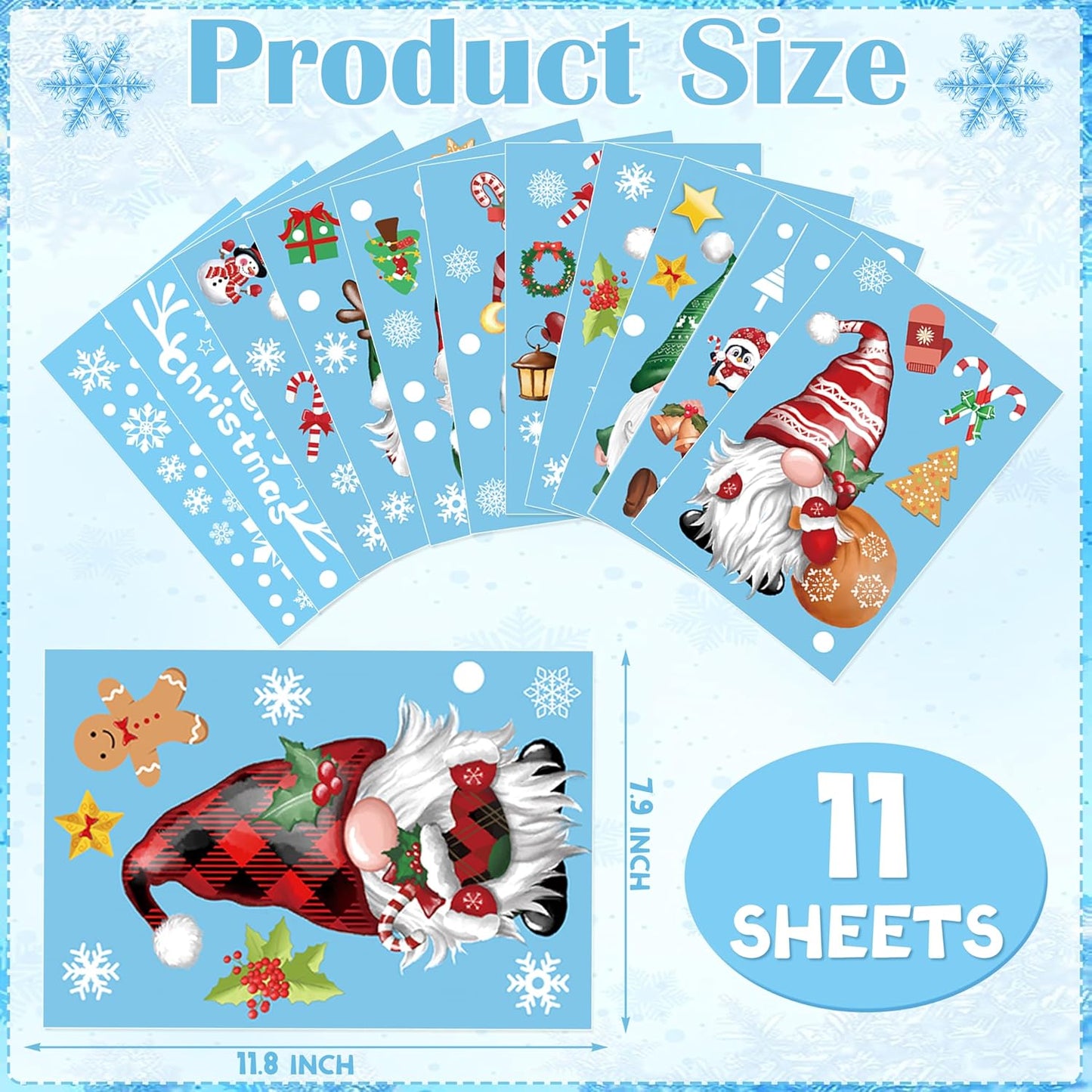 Christmas Window Clings 11 Sheets, Christmas Gnome Snowflake Window Decals Stickers