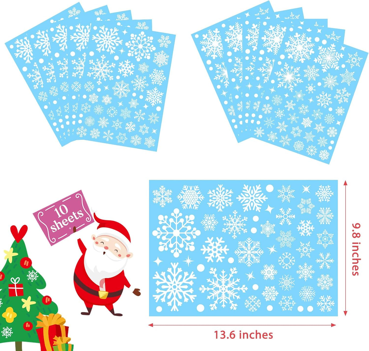 510 Pcs 10 Sheet Double-Sided Christmas Window Clings, Christmas Snowflake