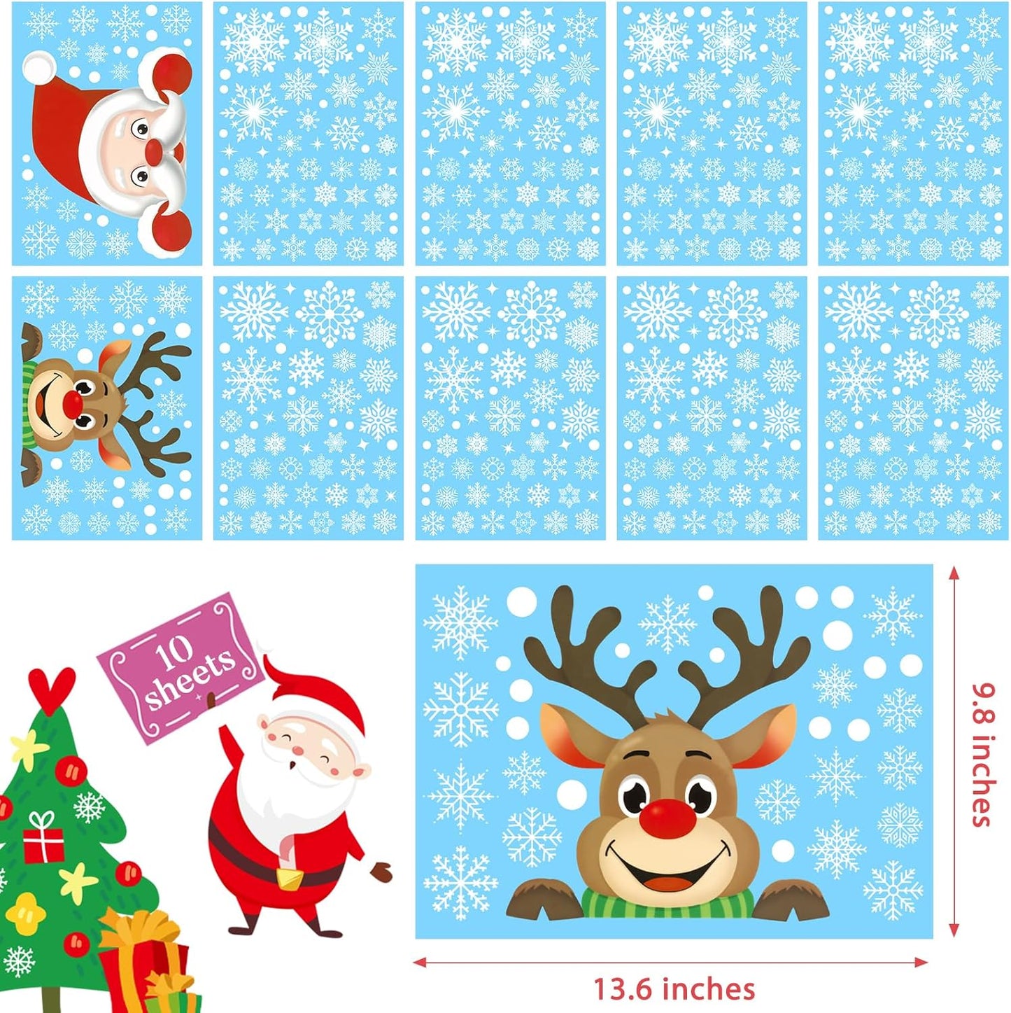 465 PCS 10 Sheet Double-Sided Christmas Window Clings, Christmas Snowflake Window Clings